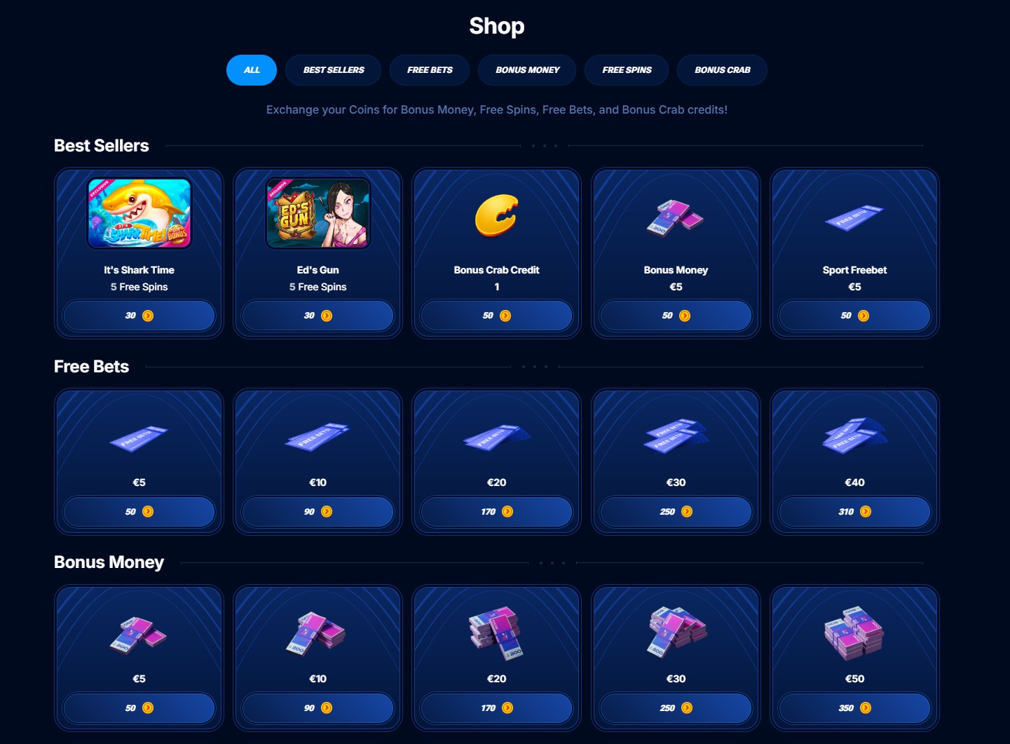 Der Boomerang Bet Bonus-Shop zum Eintauschen von Prämien